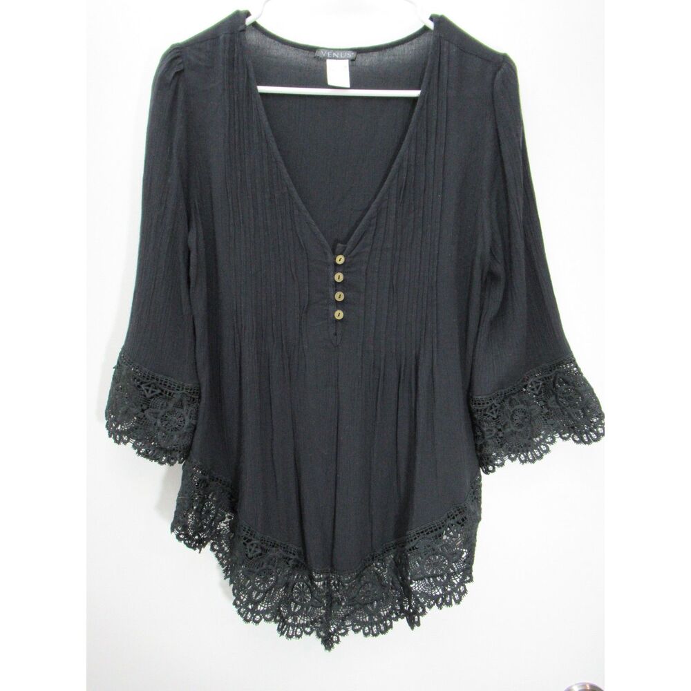 Venus Black V-Neck Lace-Trim Peasant Blouse Size M Whimsygoth
